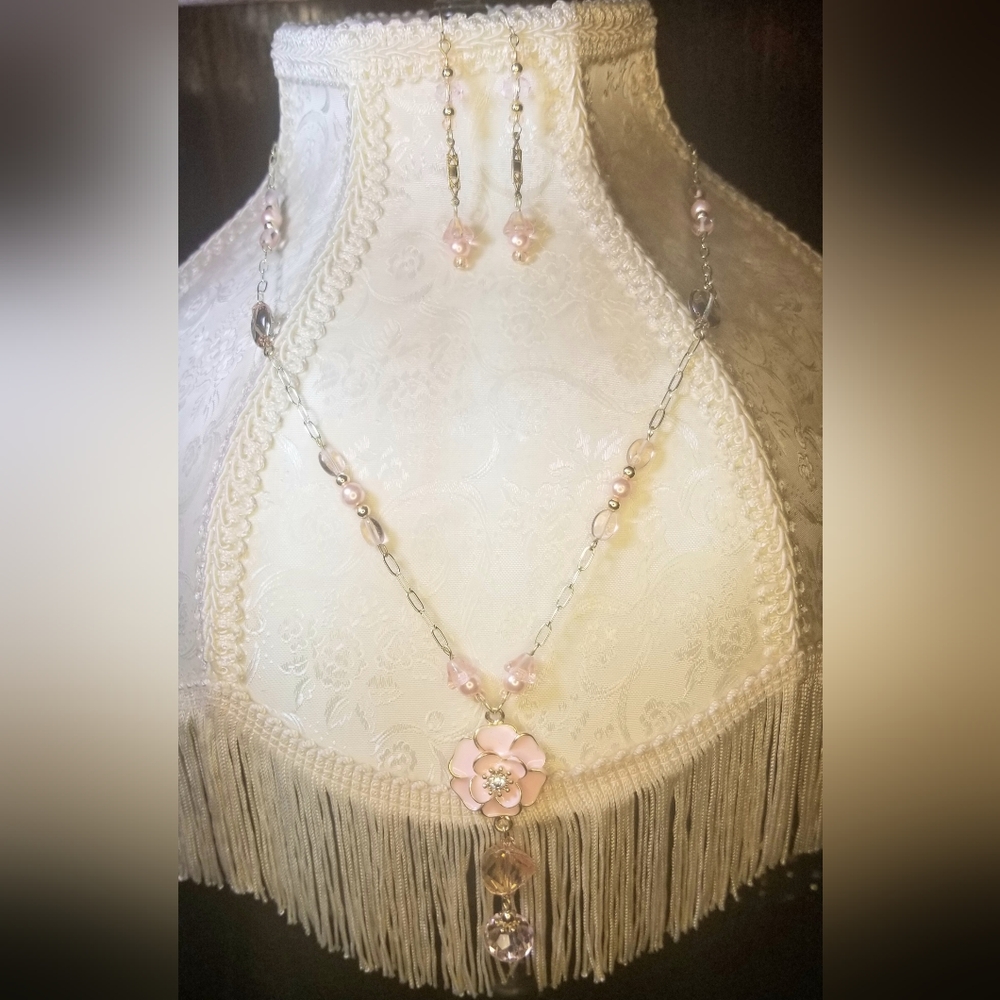 🌸 Pink Flower Handmade Crystal Necklace & Earring Set